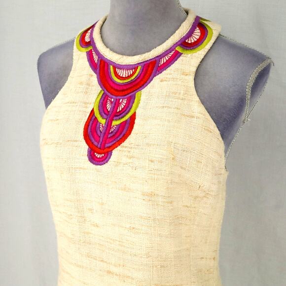Trina Turk Dress Womens 6 Beige Silk Tweed Embroidered Neckline Racerback Lined - Picture 10 of 16
